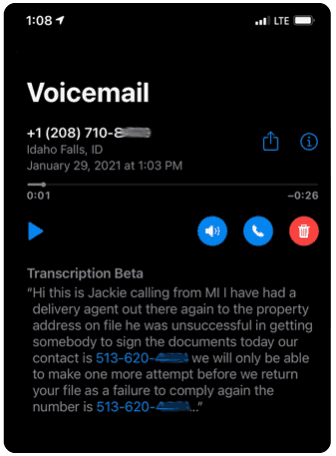 Possible telephone scam voicemail message